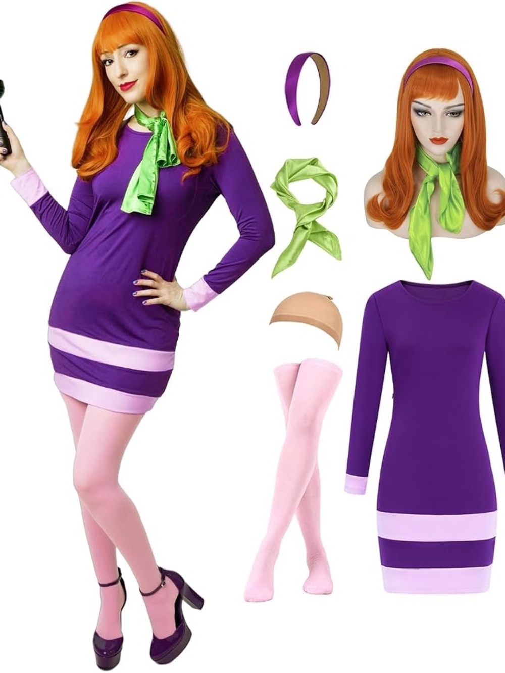 NWT Daphne Scooby Doo Long-Sleeve Shift Dress with Green Scarf Costume Sz Small